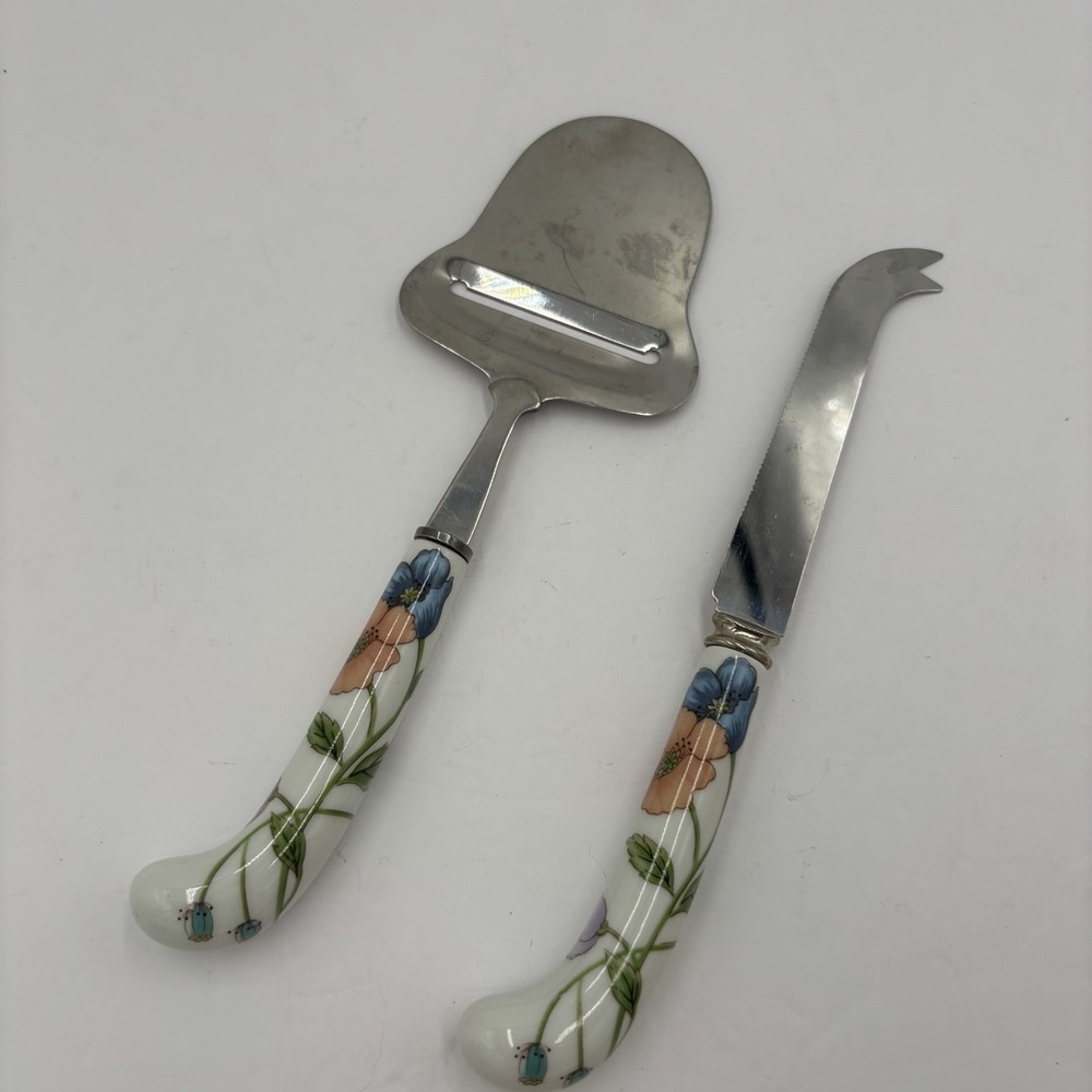 House Of Prill Poppy Cheese Plane Cutter Knife Set Sheffield England Porcelain